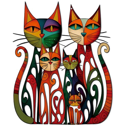 Colorful Metal Cat Wall Art 11x12 Inch Geometric Iron Feline Sculpture
