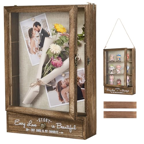 Rustic Wood Shadow Box Display Case with Drawer - 11x16 Keepsake Frame