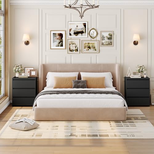 3-Drawer Nightstand Set of 2, Modern Black Bedside Table for Bedroom