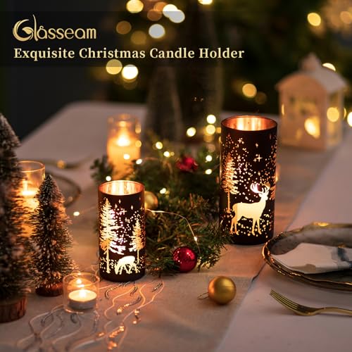 Glasseam Christmas 2-Pc Black Candle Holders Set for Pillar Candles with Moose Forest Pattern (Variation: Christmas)