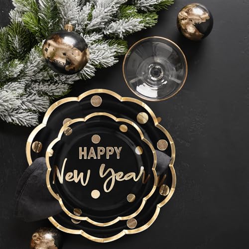 LeZakaa 25Pcs Christmas Paper Plates 7 Inch Black & Gold New Year Design