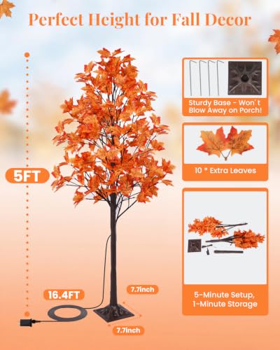 5FT Lighted Maple Tree with 96 LEDs & 192 Leaves - Fall Decor