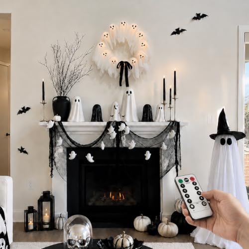 22-Inch Lighted Ghost Wreath with Remote, 8 Modes & Timer