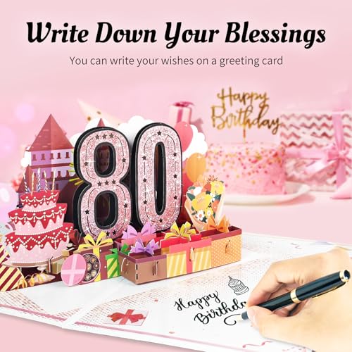 80th Birthday Pop Up Card for Women Pink 3D Greeting Card with Envelope
