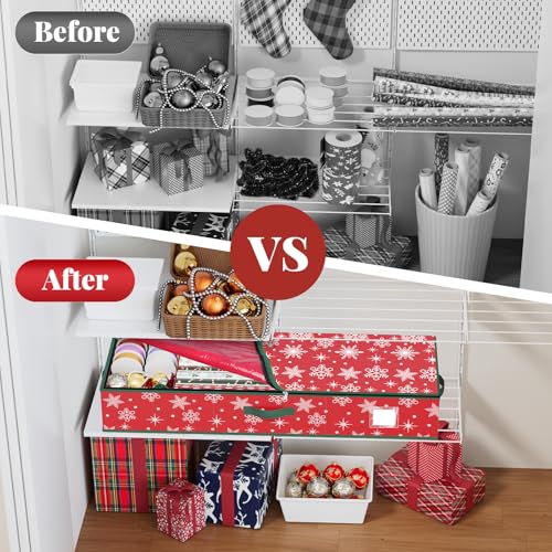Christmas Gift Wrap Organizer Storage Box with Clear Pockets & Dividers