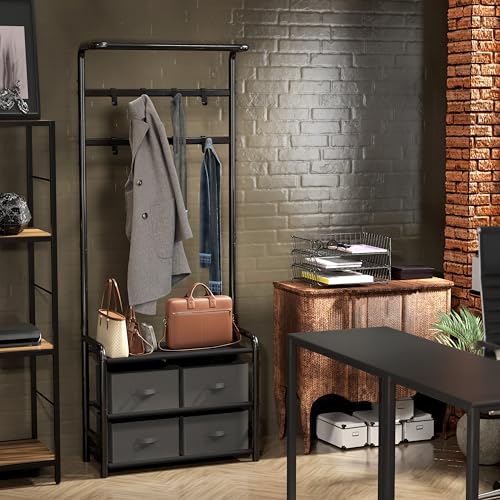 Standing Hall Tree with Hanging Rod, 8 Hooks, and Storage Shelves, Black Metal