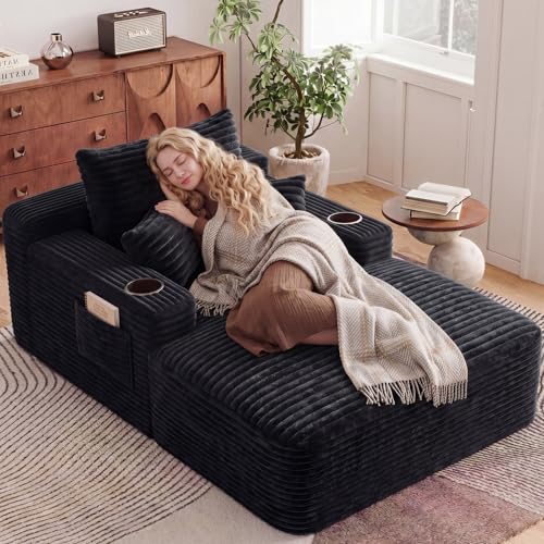 65" Oversized Corduroy Chaise Lounge Chair with Cup Holders and Pillows