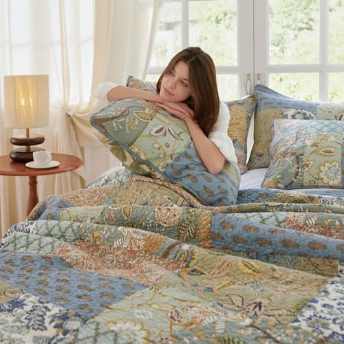 Secgo Queen Comforter Set 100% Cotton Sage Bedspread with Pillow Shams - Reversible Lightweight Bedding, 90x98 Inches