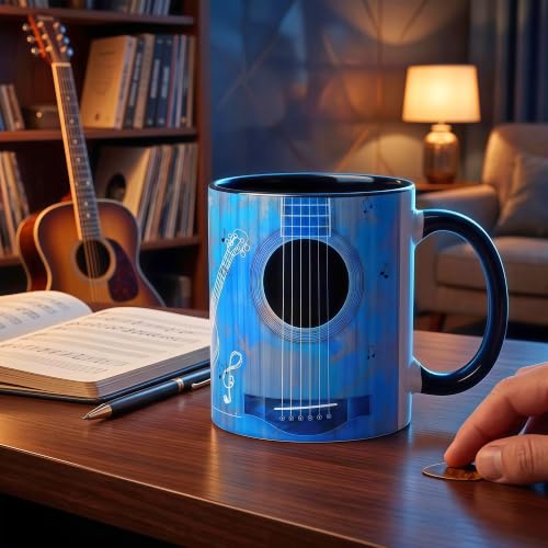 Guitar Coffee Mug 11.5 oz - Blue Pattern Ceramic Cup for Musicians & Teachers