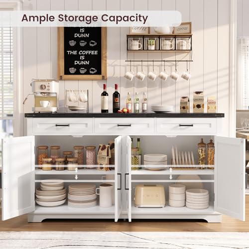 Large Farmhouse Sideboard Buffet Cabinet with 4 Doors and 3 Drawers, White