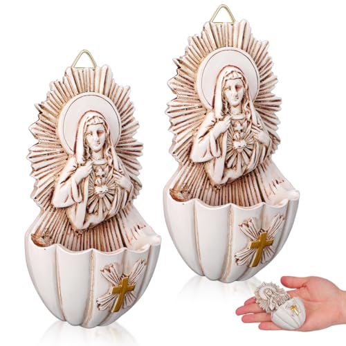 Resin Holy Water Font Set - 2 Piece Catholic Wall Hanging Decor