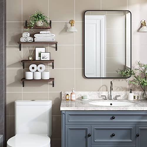 4-Piece Rustic Floating Wall Shelves, Carbonized Wood Storage Display Set