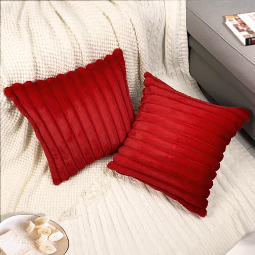 Faux Fur Velvet Throw Pillow Covers 18x18 - Set of 2 Soft Red Cushion Cases