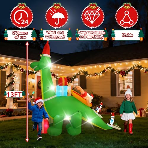 13FT Dinosaur and Santa Surfing Outdoor Inflatable Christmas Decoration with LED Lights, Suitable for Yard and Lawn