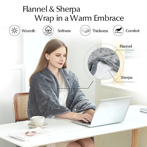 Electric Heated Blanket Throw, Soft Flannel & Sherpa, 50" x 60"
