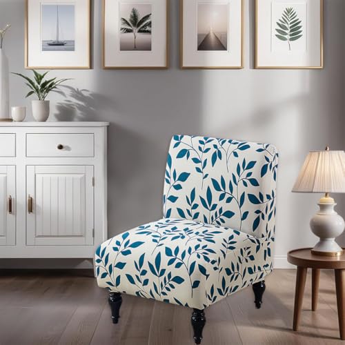Stretch Spandex Armless Accent Chair Slipcover - Blue Leaves