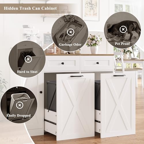 HOSTACK 12.5 Gallon Dual Trash Can Cabinet - White Kitchen Storage