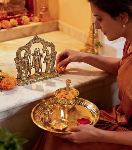 Brass Pooja Thali Set with Accessories - 8.5 Inch Gold Finish Ritual Plate