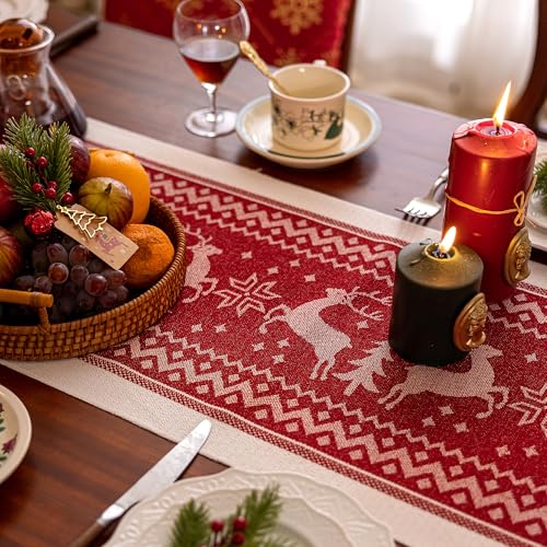 UWWGKK Red 14x63 Inch Elk Table Runner with Tassel Fringe for Christmas & Holiday Decor