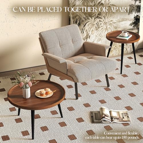 2-Piece Mid-Century Modern Nesting Coffee Table Set, Round Walnut Finish