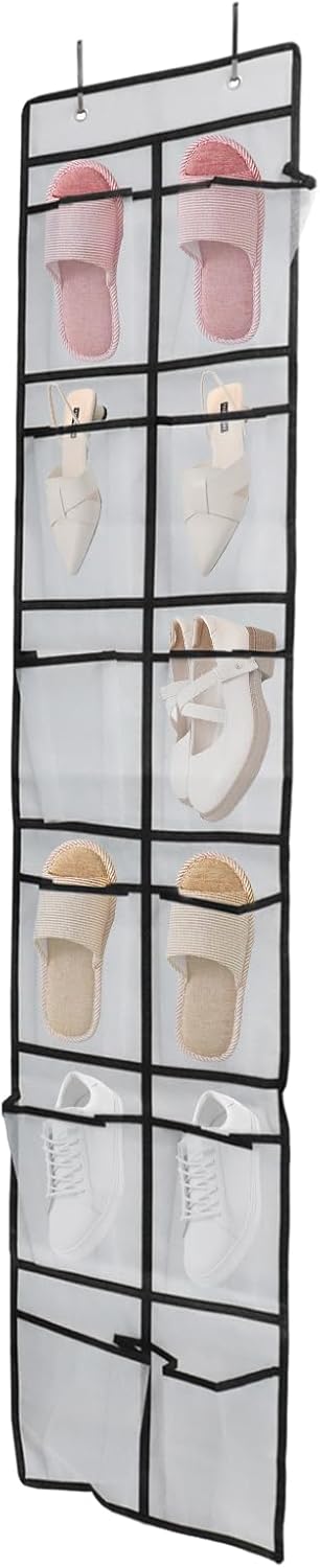 Over The Door Shoe Organizer - 12 Mesh Pockets With 4 Metal Hooks | Space-Saving White Design