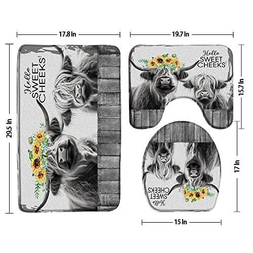 3-Piece Highland Cow Bathroom Mat Set, Rustic Farmhouse Bath Rug & Toilet Lid
