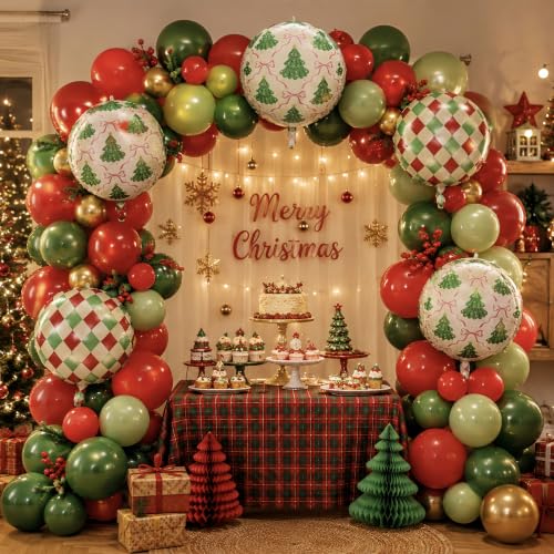 Green Christmas Balloons Set with 4D Foil Balloons, Retro Red & Green Argyle & Tree Pattern, Pink Bow, 22 Inch - Holiday Party Decorations