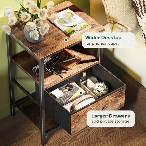 Industrial Nightstand Set of 2 with Fabric Drawer and Mesh Storage Shelf