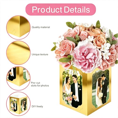 Gold 24-Piece Photo Centerpieces for Tables - Foldable 4-Sided Cardstock Boxes (4x6/5x7) with Hollow Center for Flowers - KANAZAY
