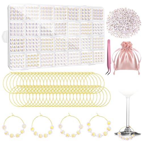 Wlovax White & Gold 50 Pcs DIY Wine Glass Charms - Alphabet Beads & Drink Rings