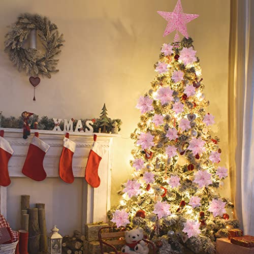 Pink Christmas Decorations Set - Tree Skirt, Star Topper & Glitter Flowers, 38 pcs
