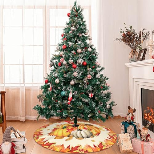 Fall Pumpkin Christmas Tree Skirt - 30 Inch Farmhouse Holiday Tree Mat