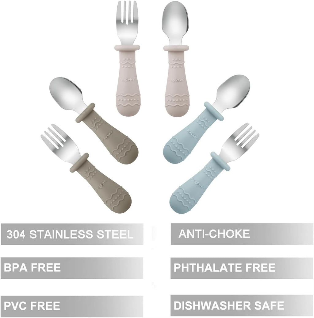 PandaEar Toddler Utensils Set - 6 Pack Stainless Steel & Silicone Spoons and Forks | Dishwasher Safe (Light Tan/Walnut/Blue)