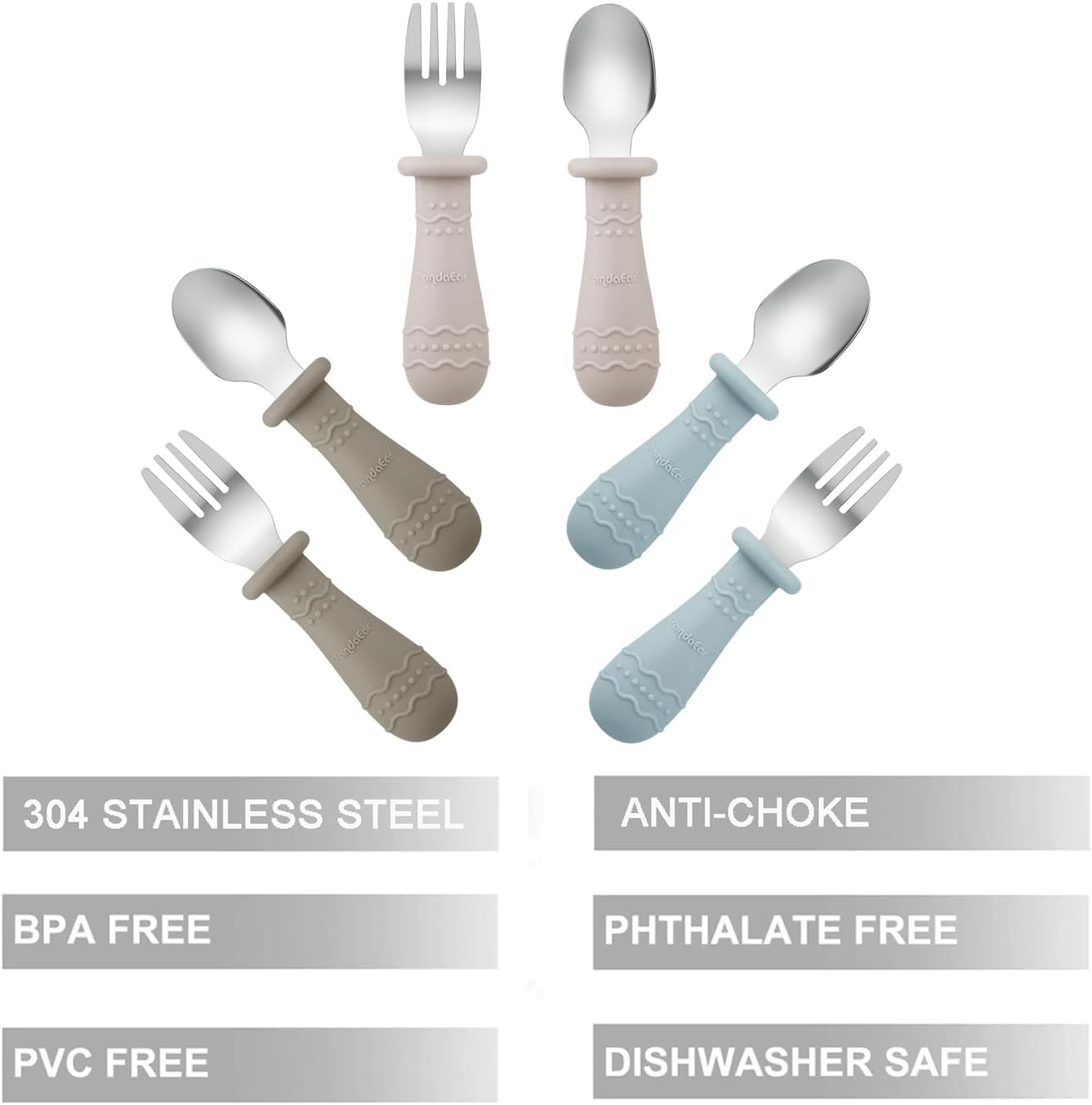 PandaEar Toddler Utensils Set - 6 Pack Stainless Steel & Silicone Spoons and Forks | Dishwasher Safe (Light Tan/Walnut/Blue)