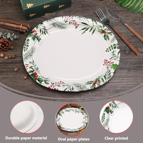 Christmas Flower Oval Paper Plates 12x10 inch Heavy Duty Holiday Party Supplies