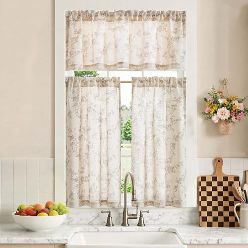 Floral Kitchen Tier Curtains and Valance Set - 3 Pieces, 36-Inch
