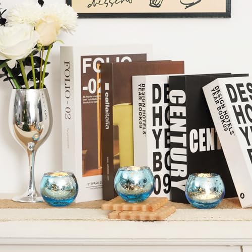 Homemory 24 Pack Blue Mercury Glass Votive Candle Holders – Round Tealight Holders for Weddings, Holidays & Home Decor (Blue, 2" x 2")