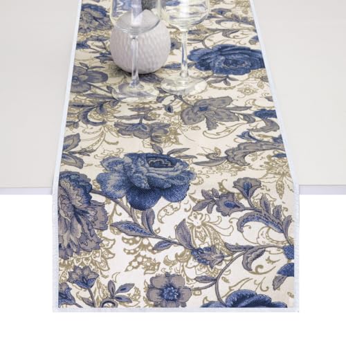 Blue Flower Table Runner for Dinner Party & Wedding Decor - Cream White & Blue, 12 x 33 Inch