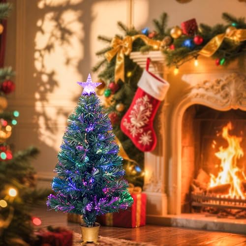 YUETJIN 32-Inch Green Pre-Lit Fiber Optic Christmas Tree with Transparent Variation