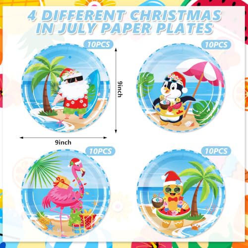 Whaline 40 Pcs Christmas in July 9in Paper Plates - Santa, Gingerbread, Flamingo Holiday Disposable Dinner Plates