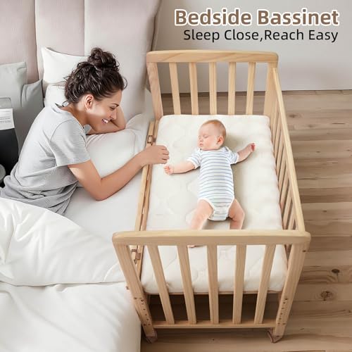 Portable Wooden Bedside Bassinet with Mattress, 6-Height Adjustable Mini Crib