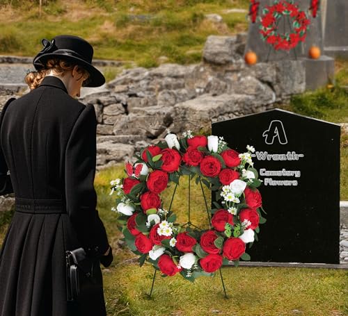 24-Inch Artificial Cemetery Wreath with Metal Stand for Graves