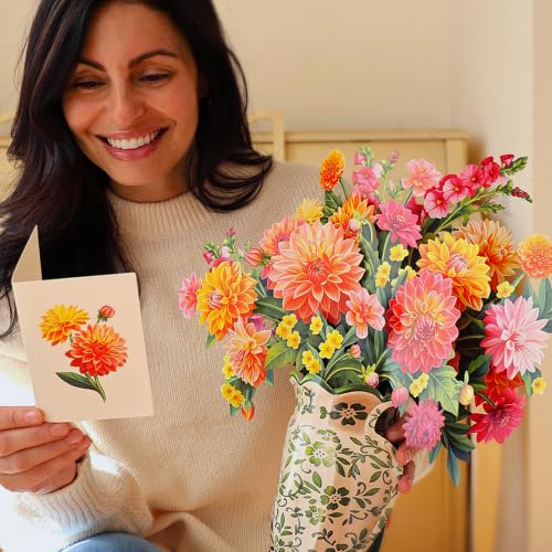 Dahlia Sunrise 3D Pop Up Greeting Card - 14.5 Inch Life-Sized Floral Bouquet