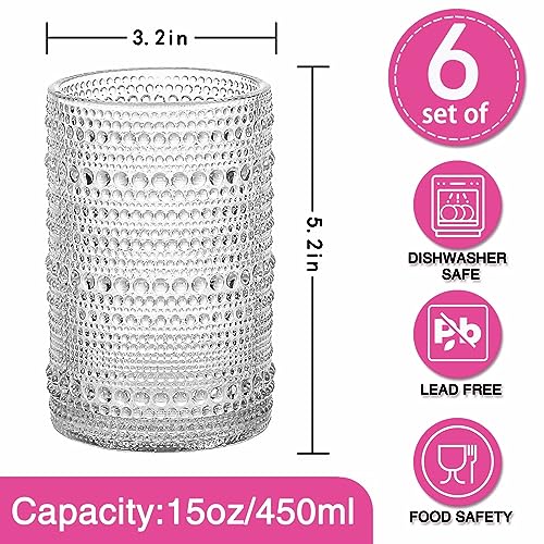 Consou Hobnail Highball Glass Set of 6, 15 oz Thick Glassware with Heavy Base