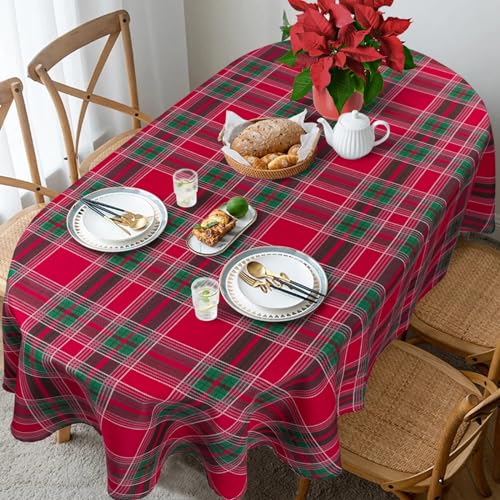 BNHJSDW Red Plaid Christmas Oval Tablecloth Waterproof 120x60 Inches