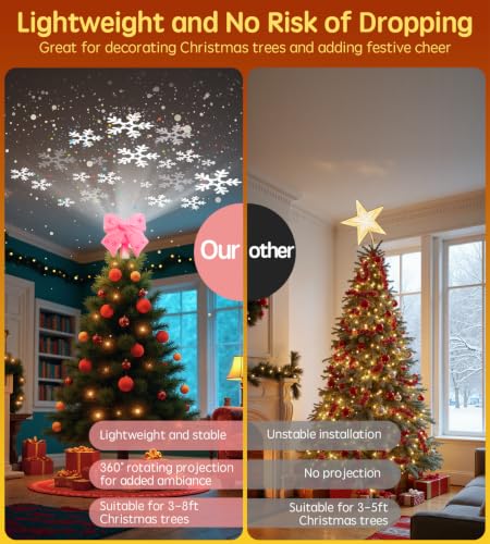 Tenmiro Pink Bow Christmas Tree Topper with 360° Snowflake Projection - Plug-In LED Decor