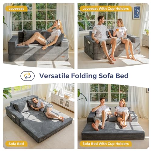64-Inch Foldable Loveseat Sofa Bed with Cup Holders, Grey Corded Fabric