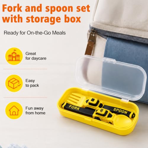 Construction Toddler Utensils Fork and Spoon Set with Storage Case