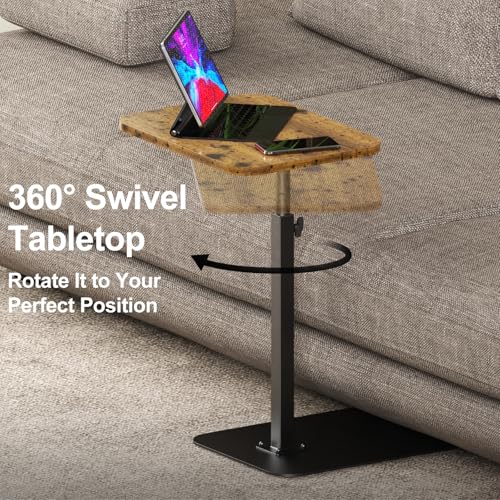 Adjustable C-Shaped Sofa Side Table with Swivel Tray and Metal Base