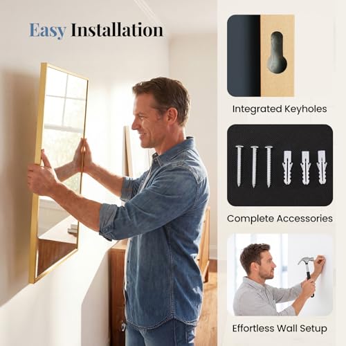 30x48 Inch Rectangular Wall Mirror, Brushed Gold Metal Frame Vanity Mirror